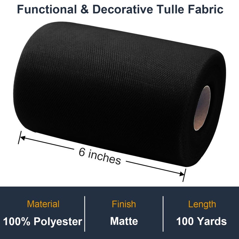 Ableme Deco Black Tulle Fabric Roll 6 Inch by 100 Yards (300 ft) Tulle Ribbon Sheer Mesh Netting for DIY Tutu Skirt Gift Wrapping Wedding Baby Shower Birthday Halloween Party Decorations Crafts, 34 Colors (Black) - Image 2
